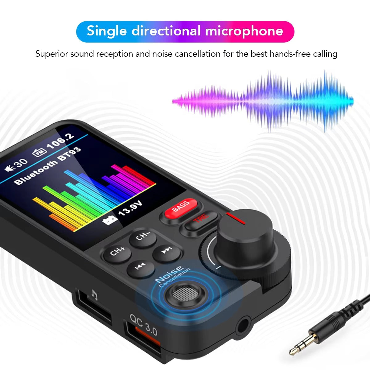 Premium, 1.8-Inch, Wireless Bluetooth FM Transmitter for Car, AUX Support, QC3.0 Charging, Treble, Bass Adjustment,