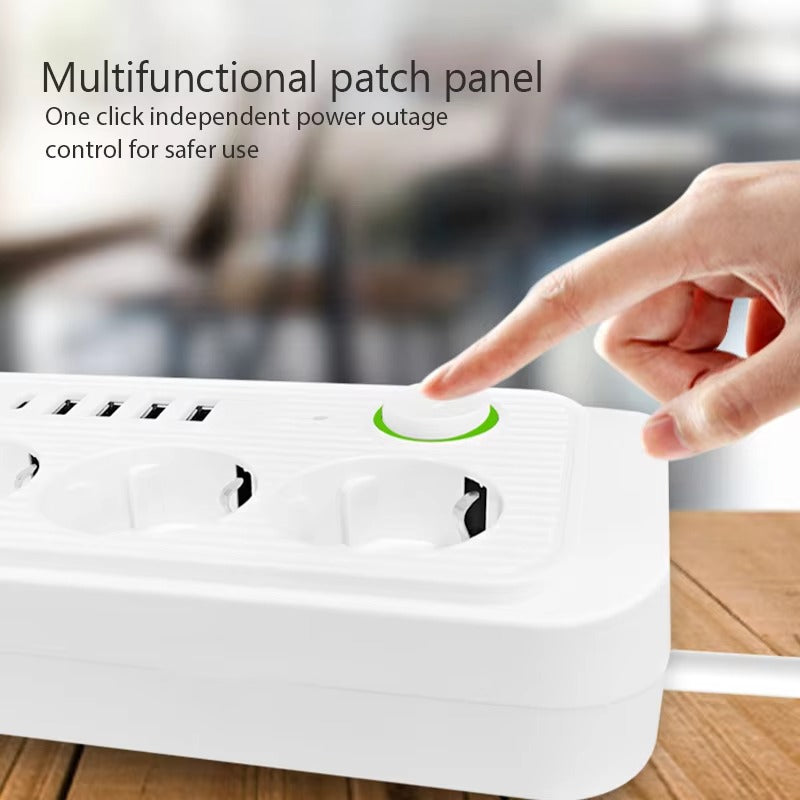 High Quality EU Power Strip with USB – 8 AC Outlets, 4 USB, 1 Type-C, 2500W, 2M/5M Flame-Retardant Extension Cord, Overload Protection, Compact Socket Adapter