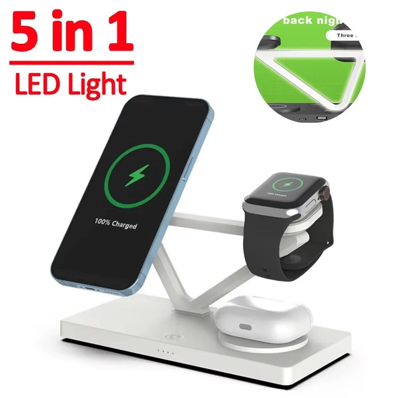 Premium 5 in 1 Magnetic Wireless Charging Station – Foldable Fast Charger Stand for Phones, Smartwatches, Earbuds with 30W Output & LED Night Light