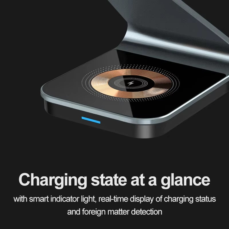 Luxury 3 in 1 Magnetic Wireless Charger Stand – Transparent Fast Charging Dock for iPhone, Apple Watch, AirPods with Aluminum Alloy Design, 15W Output