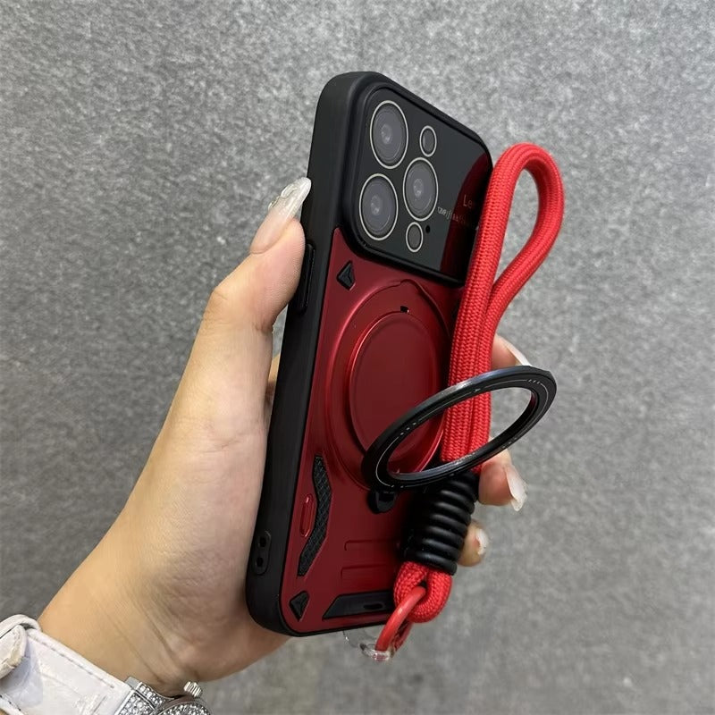 Luxury Apple iPhone Case, MagSafe Compatible, Camera Lens & Screen Protection, Ultra Thin, Shockproof, Magnetic Full All Around Cover – Stand Holder Case with Lens Guard, Wristband & Lanyard Strap