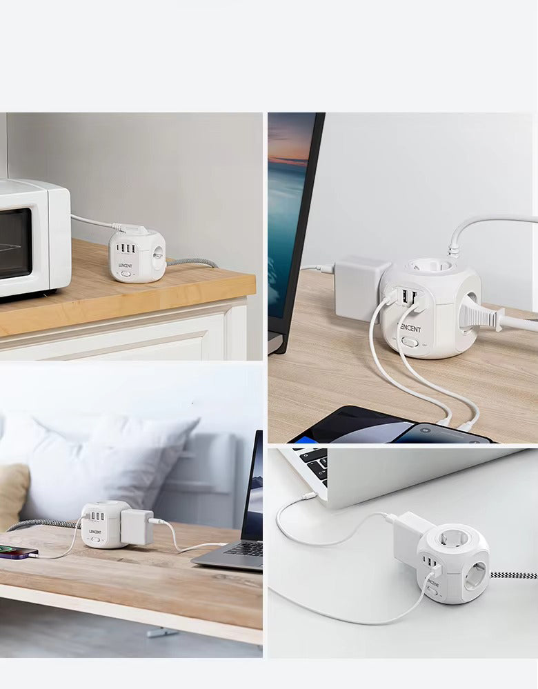 Premium, EU Plug Power Strip with 4 AC Outlets, 3 USB Ports, 1 Type-C, 2M/3M Braided Cable – Multi Socket Extension for Home