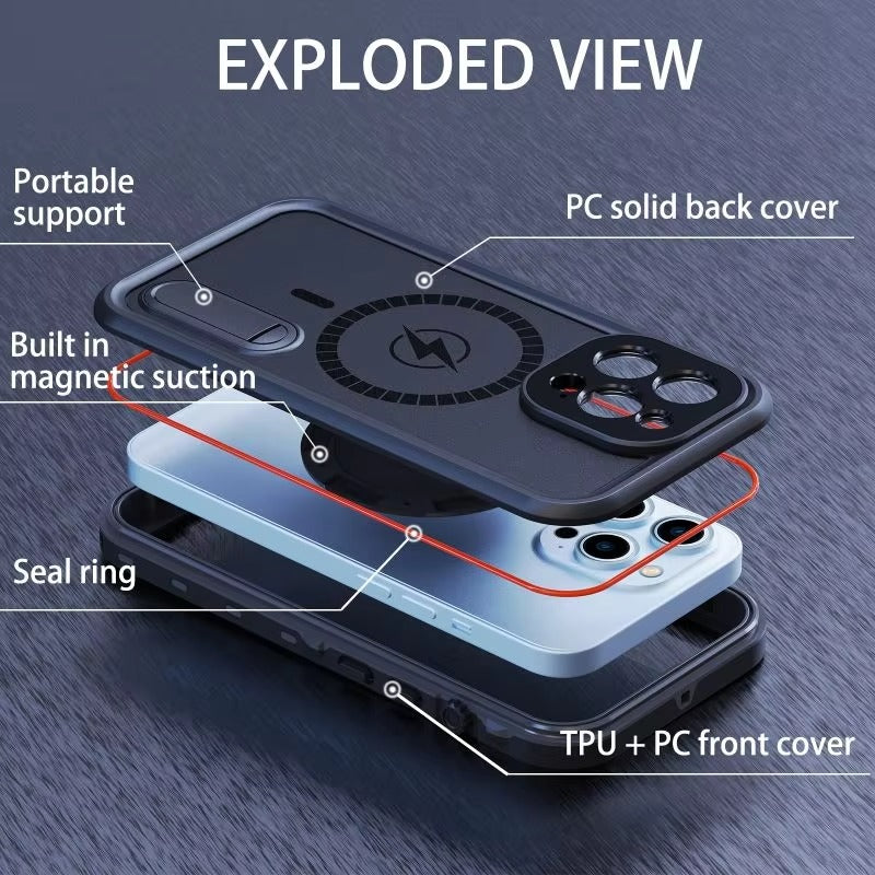 High Quality Apple iPhone Case MagSafe Compatible, Camera Lens & Screen Protection, Cover with IP68 Diving Armor Stand