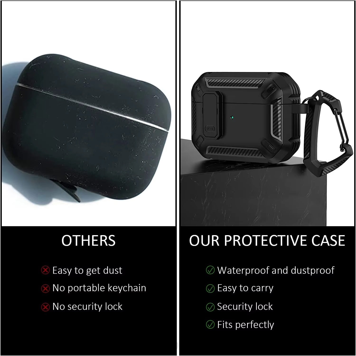 Premium Carbon Fiber AirPods Case Cover – Shockproof TPU Hard Shell with Secure Lock, Keychain, Wireless Charging Compatible for AirPods Pro 2, 3, 2, 1 & 4