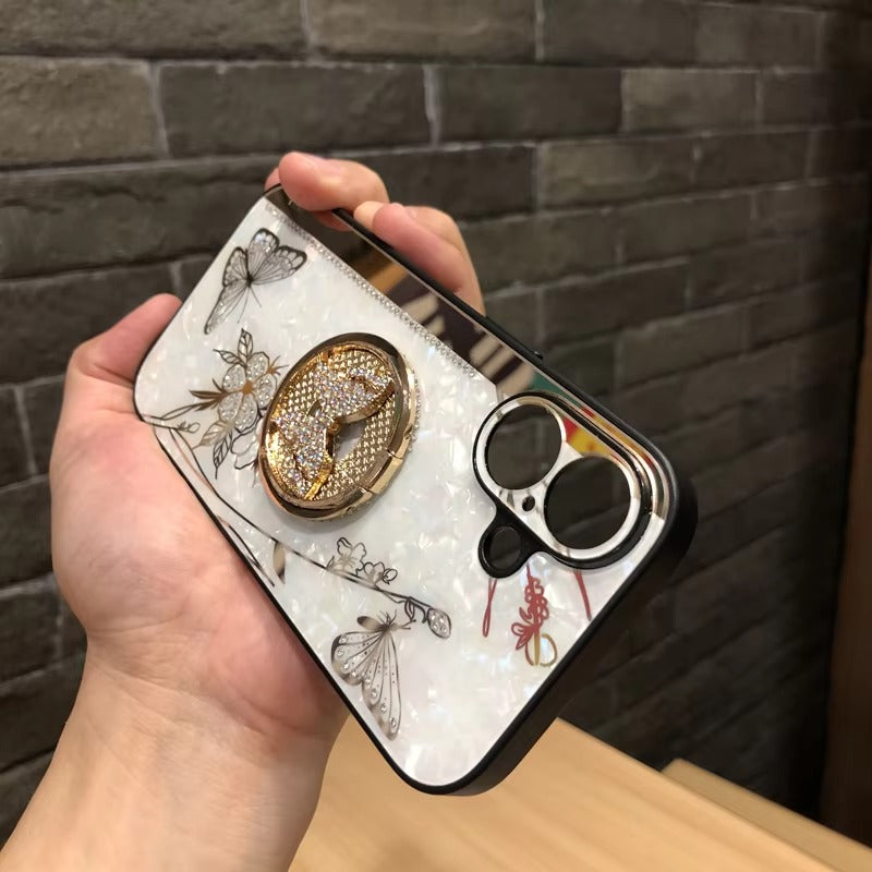 Luxury Apple iPhone Case, MagSafe Compatible, Camera Lens & Screen Protection, Ultra Thin, Shockproof, Magnetic Full All Around Cover – Shell Pattern Butterfly Case with Ring Holder & Hard Silicone TPU Back Design
