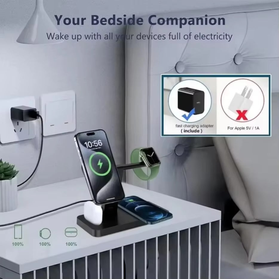 Premium 5 in 1 Magnetic Wireless Charging Station – Foldable Fast Charger Stand for Phones, Smartwatches, Earbuds with 30W Output & LED Night Light