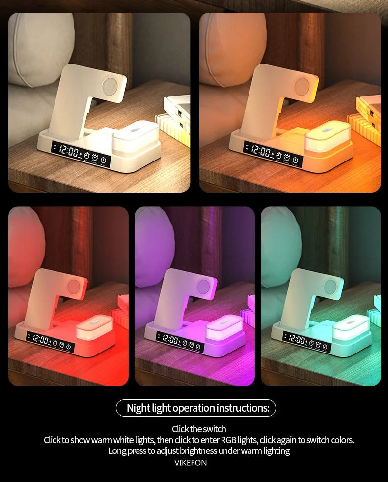 Premium 3 in 1 Wireless Charging Station – 30W Fast Charger Stand with Alarm Clock, Removable RGB Night Light for Phones, Apple Watch, Samsung Watch & AirPods