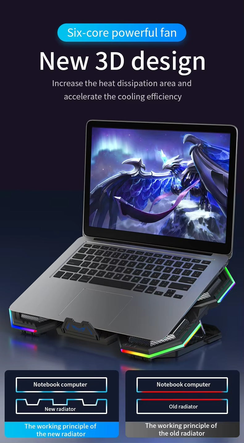High-Performance, RGB, Gaming Laptop Stand, Air Cooler, Notebook Holder, with 6 Fans, Adjustable, Foldable Base, for 12, 13, 14, 15, 16, 17 Inch Laptops