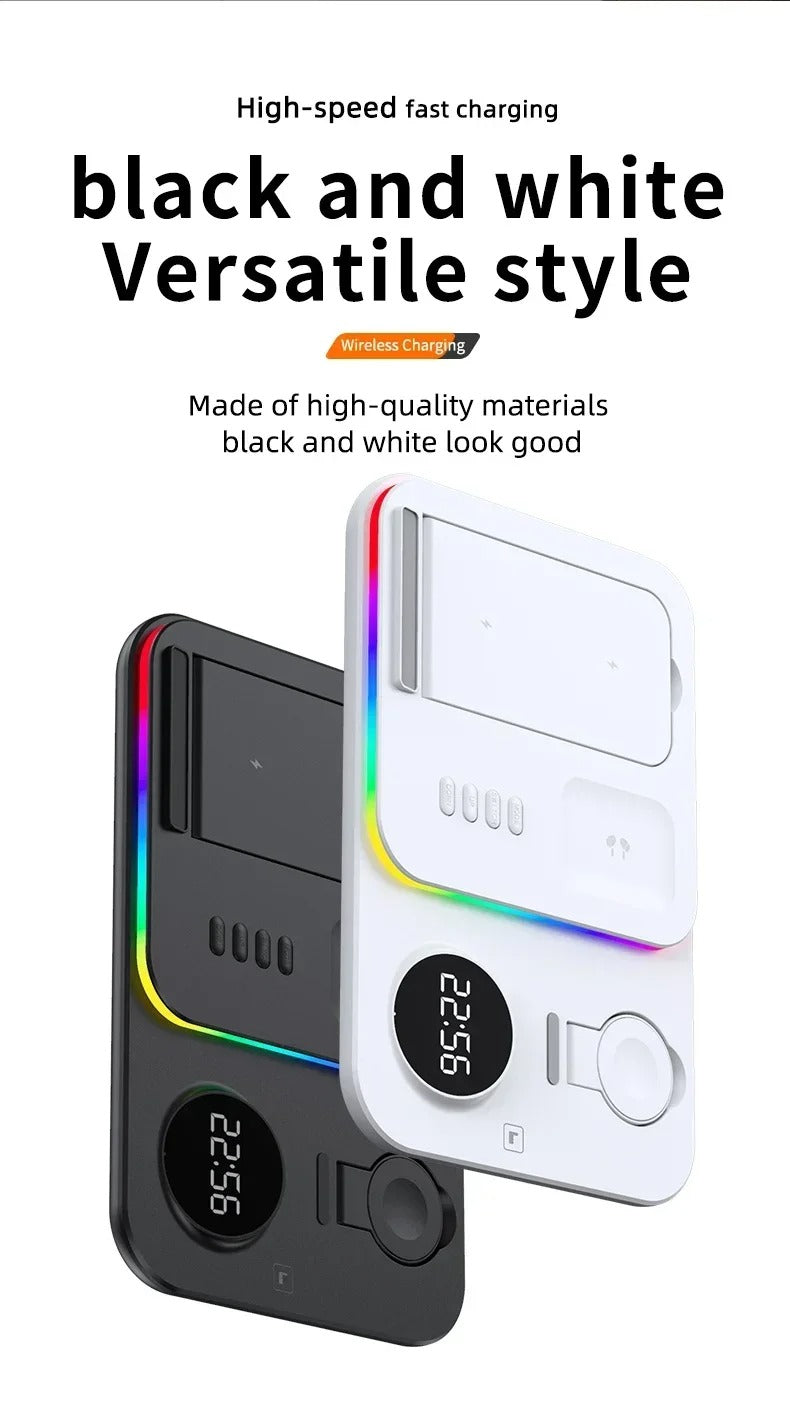Premium 5 in 1 Wireless Charging Station – 30W Foldable Fast Charger Dock with RGB LED Light, Alarm Clock for Phones, Apple Watch, Samsung Watch & AirPods
