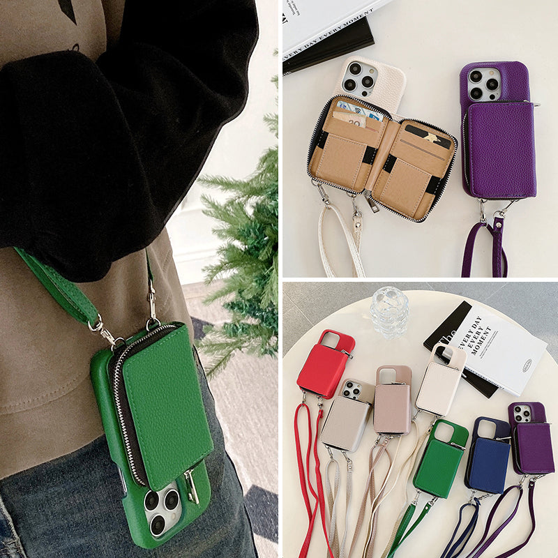 Luxury Zipper Wallet Crossbody iPhone Case – Leather Cover with , Shoulder Lanyard, and Full Protection for iPhone Models