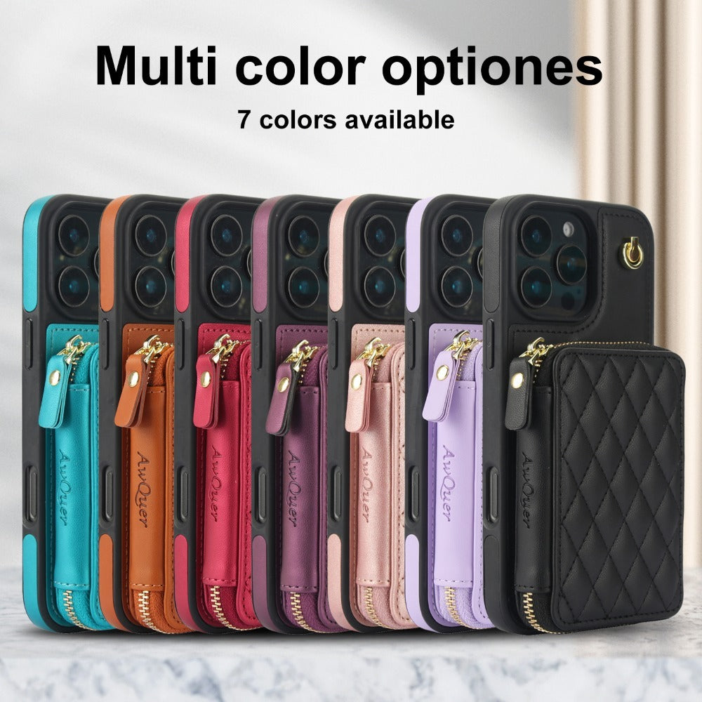 Luxury Crossbody Lanyard iPhone Case – Zipper Wallet Leather Cover with Card Holder, and Full Protection for iPhone Models