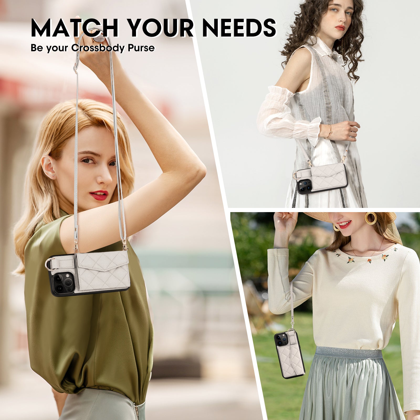 Luxury Crossbody Wallet iPhone Case – Cute Flip Leather Cover, Card Holder, Necklace Strap, Kickstand, Protection for iPhone