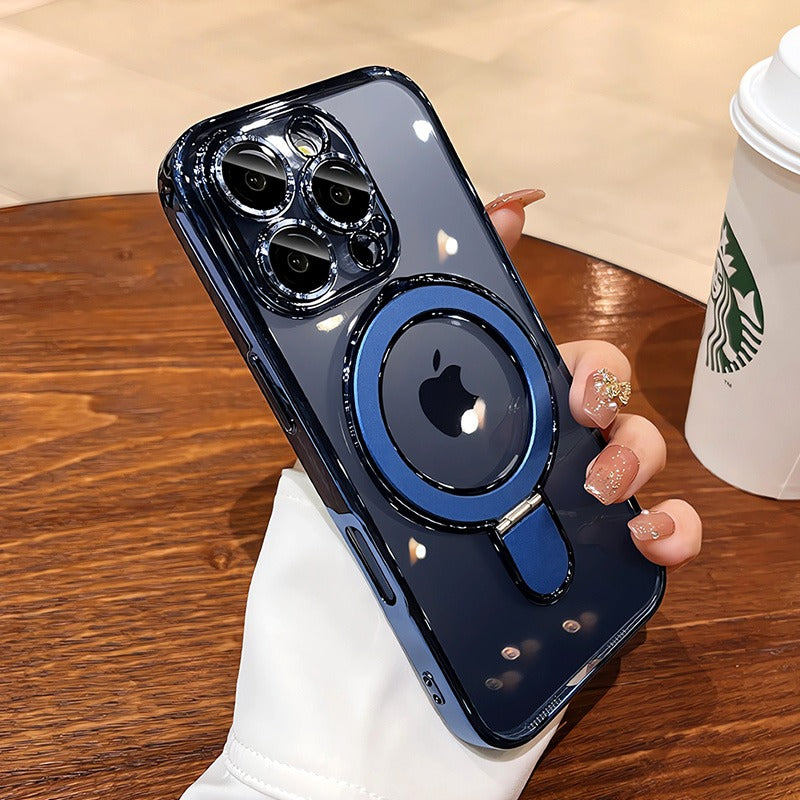 Luxury Plating MagSafe iPhone Case Transparent Acrylic Magnetic Cover with Stand Holder Shockproof PC Bumper Case for iPhone