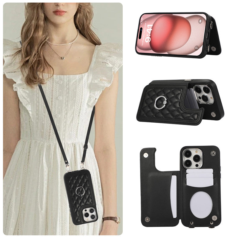 Luxury Crossbody RFID Leather Wallet iPhone Case – Card Slot, Ring Holder, Double Buckle, Lanyard Bag Cover, Magnetic Closure