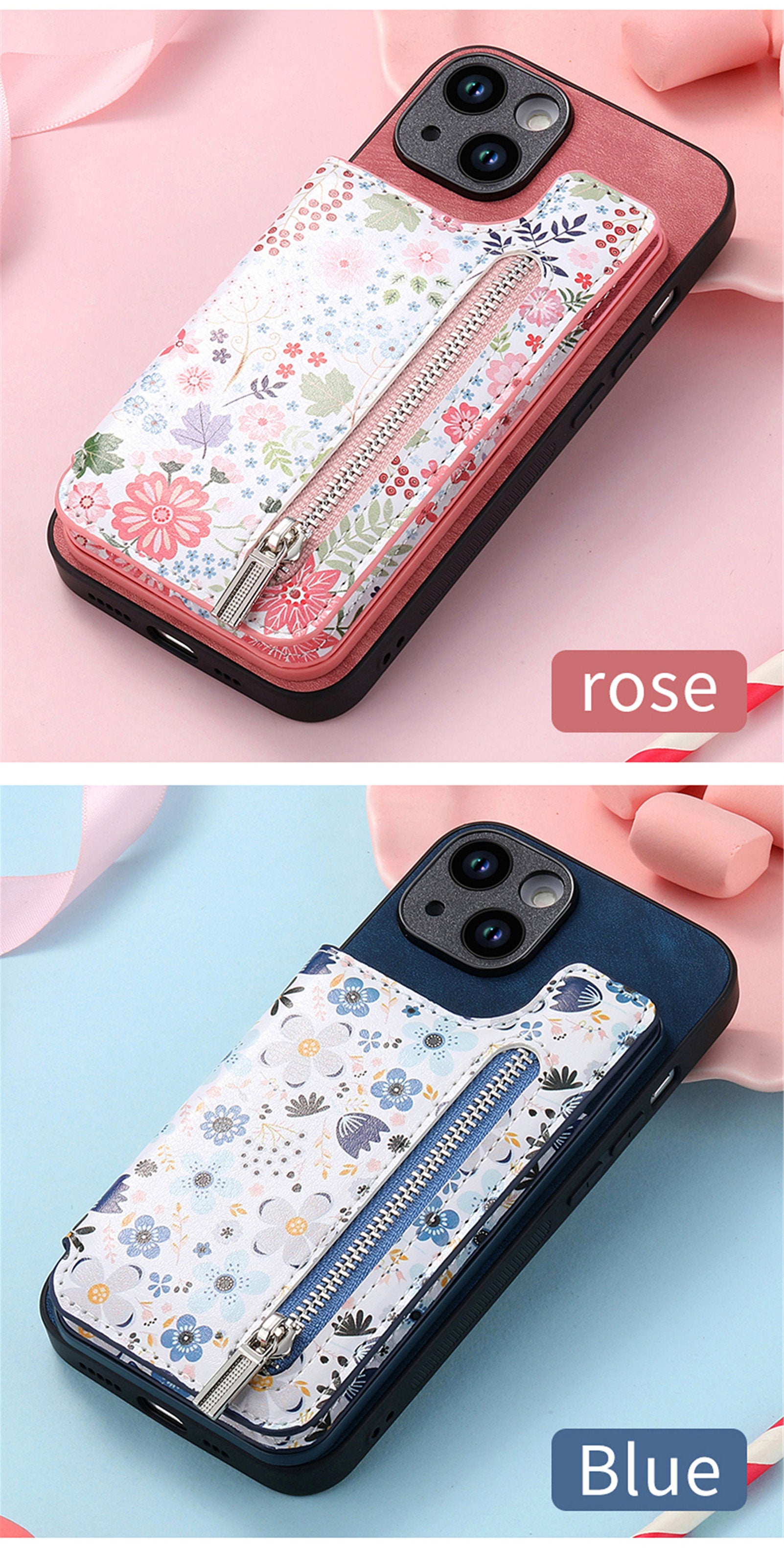 Zipper Card Slot Wallet iPhone Case – Magnetic Closure, Purse Pocket, Floral Design, Shockproof Protective Cover for iPhone