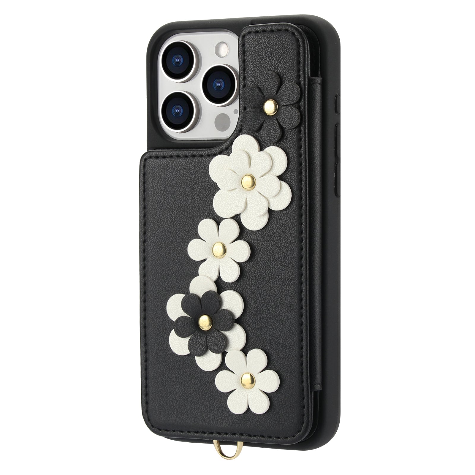 Luxury Crossbody Wallet Leather iPhone Case – 3D Flower Design, Card Slot, Wrist Strap, Magnetic Closure, Protective Cover