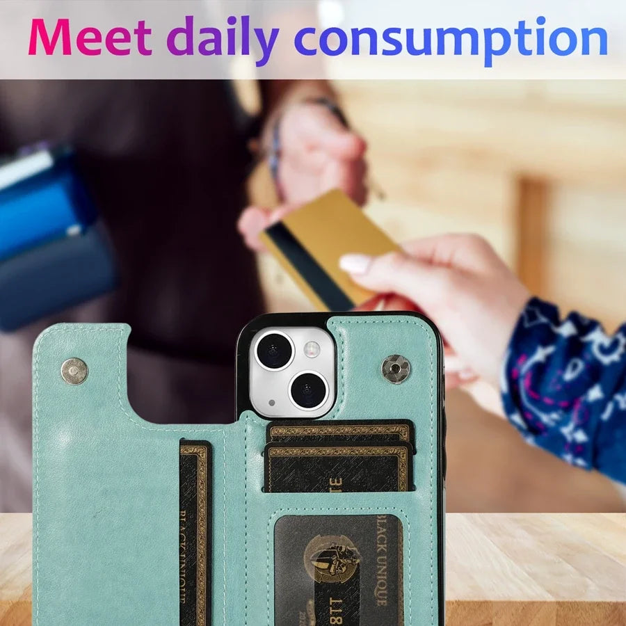 Luxury Wallet Datura Double Buckle iPhone Case – Magnetic Flip, Card Slot, Protective & Stylish Leather Cover Case for iPhone