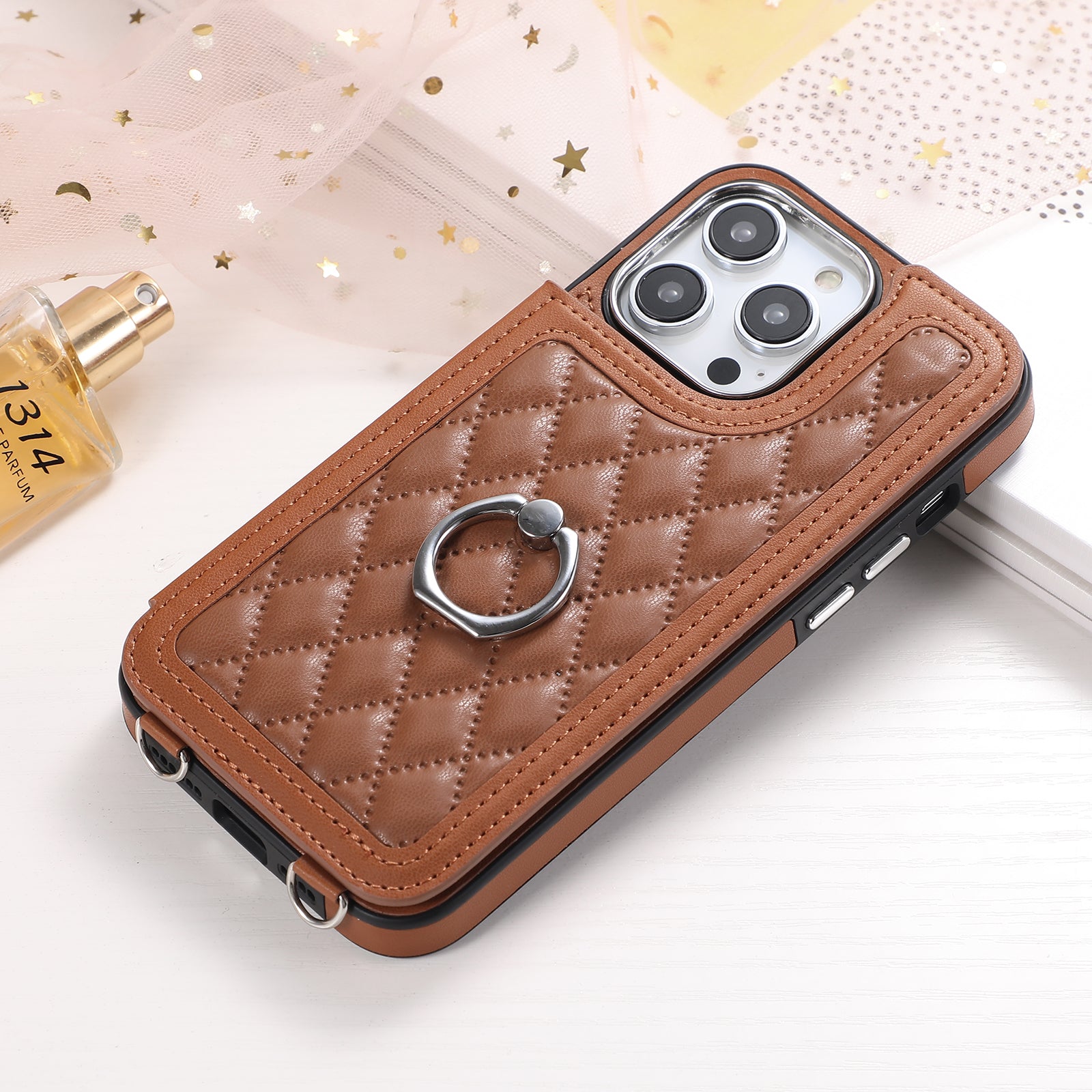 Luxury Crossbody RFID Leather Wallet iPhone Case – Card Slot, Ring Holder, Double Buckle, Lanyard Bag Cover, Magnetic Closure