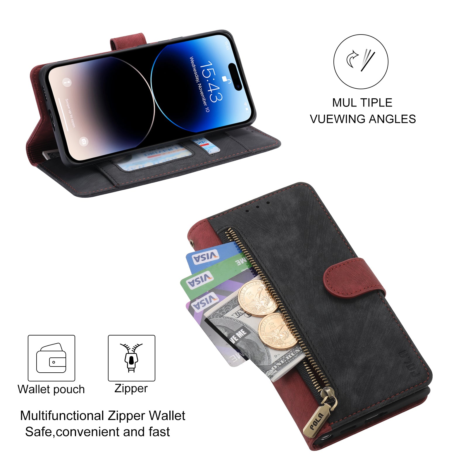 RFID Blocking Leather Wallet iPhone Case – Zipper Flip Cover, Card Slot Holder, Magnetic Stand, Shockproof Protection, Premium Design for iPhone