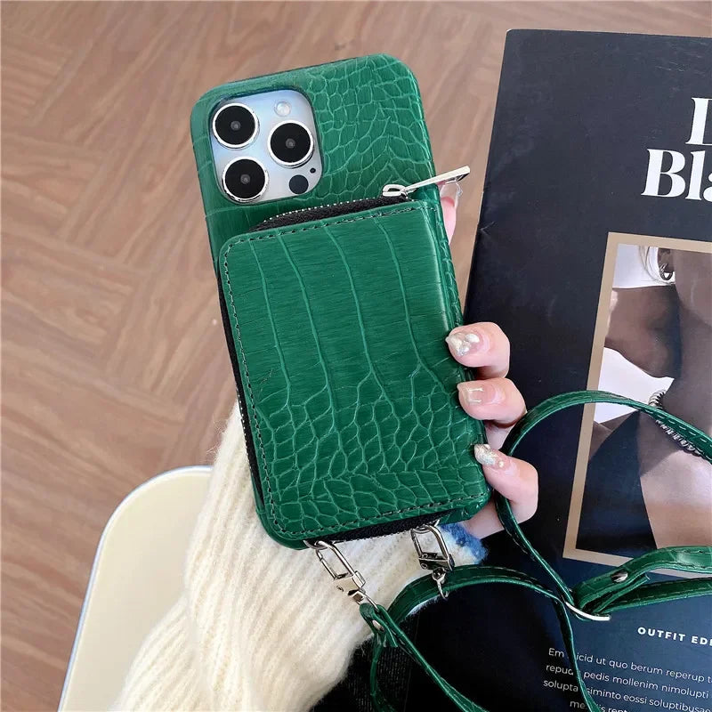 Luxury Crossbody Crocodile Skin iPhone Case – Zipper Wallet, Card Holder, Shockproof Protection, and Elegant Design for Secure & Stylish Convenience
