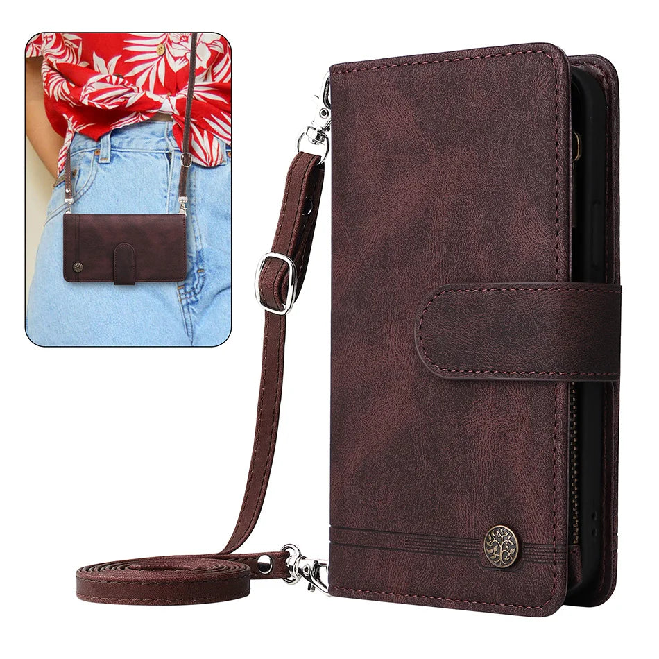 Premium Retro Flip Leather iPhone Case – Zipper Wallet, Multi-Card Slots, Necklace Lanyard, Magnetic Closure, Shockproof Protection for iPhone