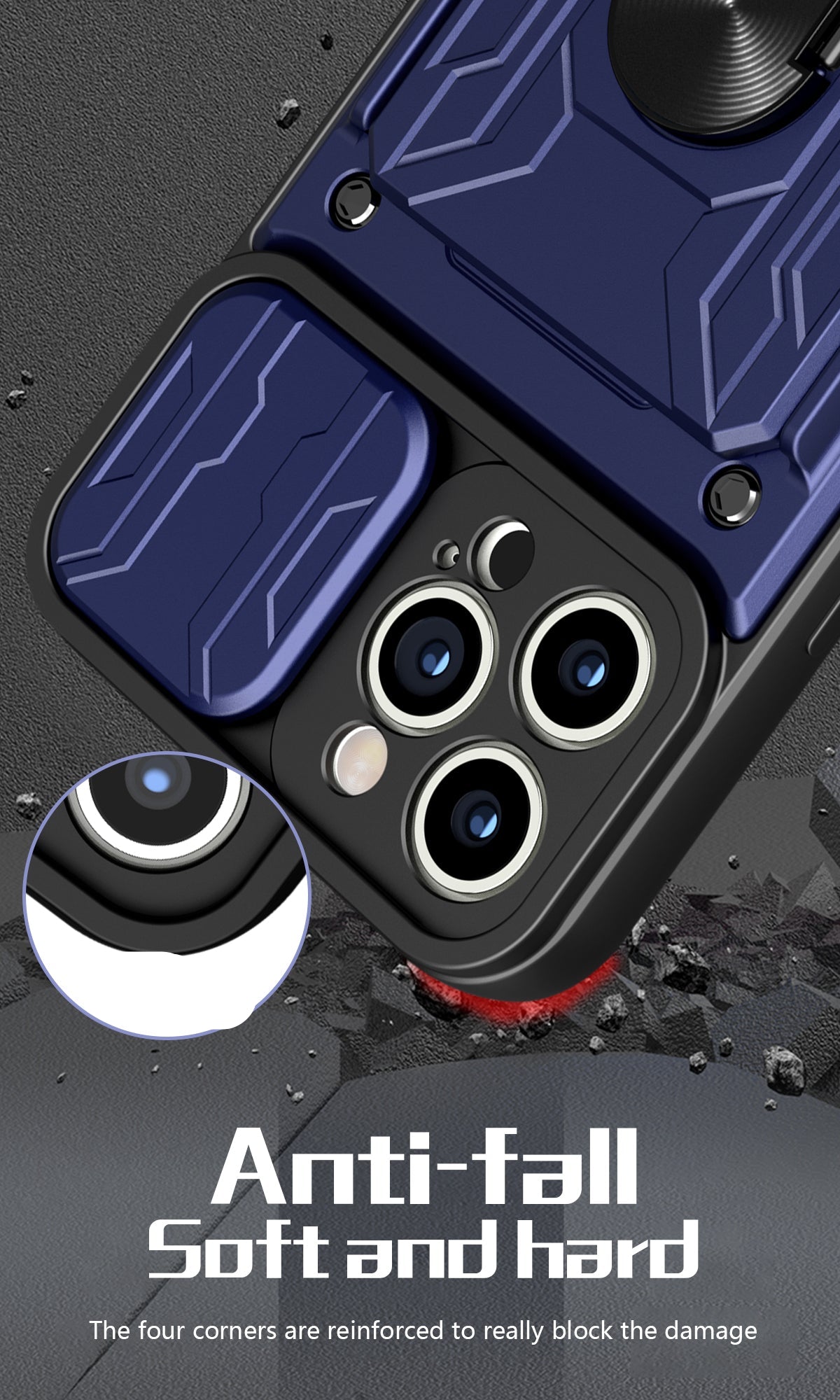 Hidden Slide Card Slot iPhone Case – Lens Protection, Magnetic Ring Stand, Shockproof Cover for iPhone Models