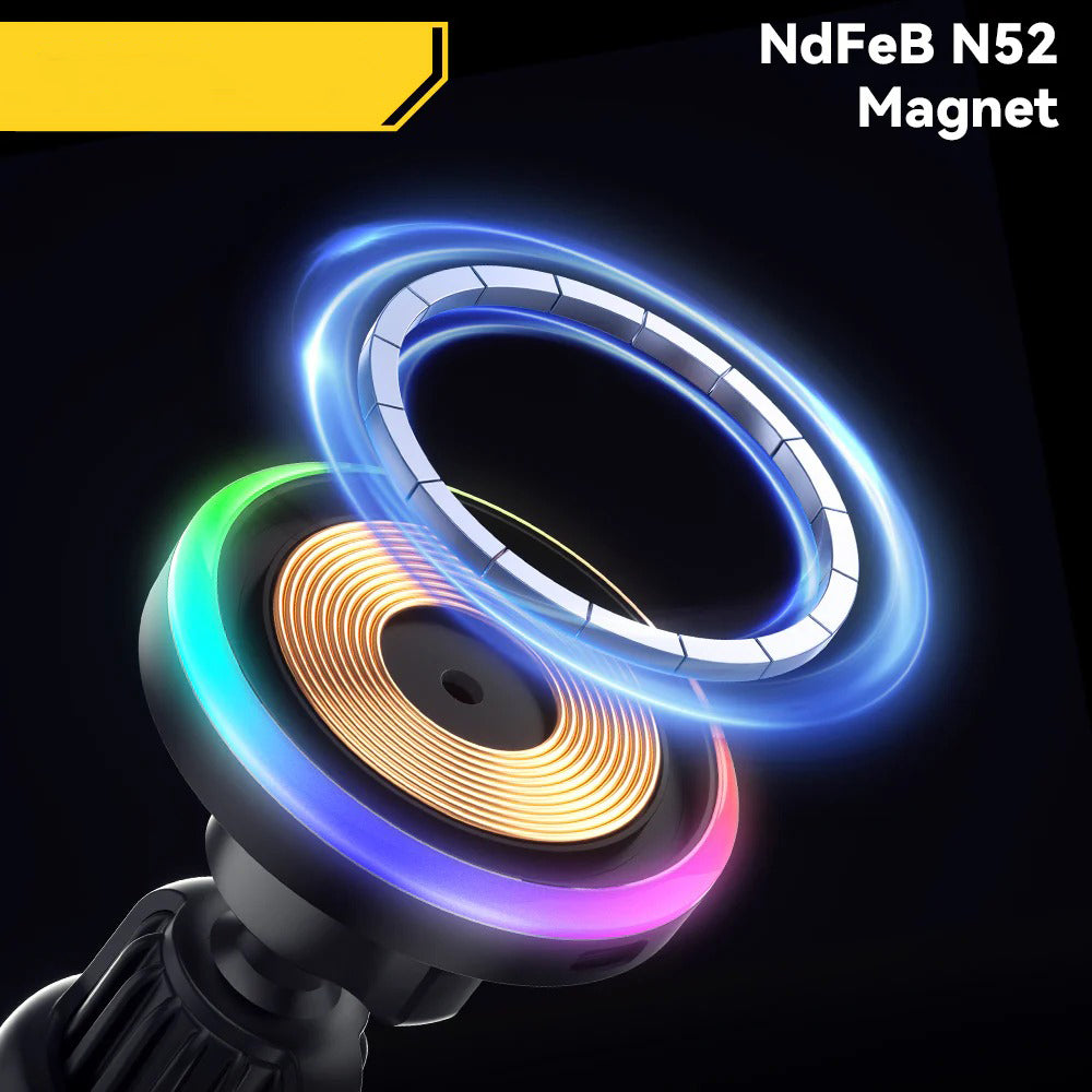 Premium, RGB, Magnetic Car Phone Holder, with 15W Qi Wireless Charging, Dashboard or Vent Mount, Fast Charger Stand for iPhone