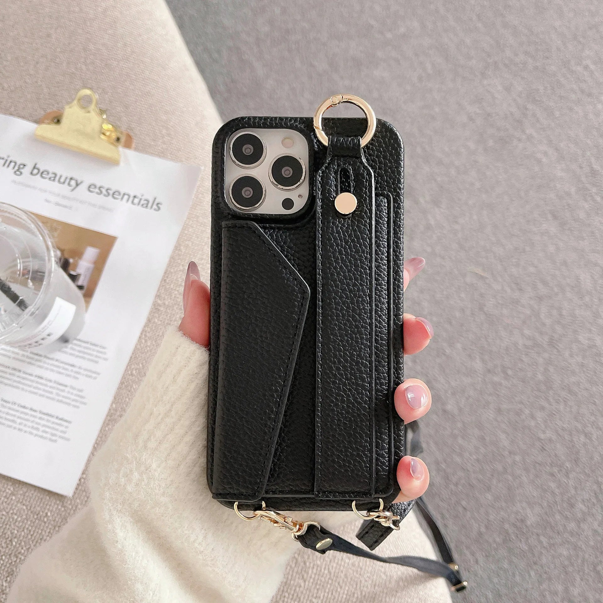 Luxury Crossbody Leather Wallet iPhone Case – Wrist Strap, Ring Holder, Card Slot, Shockproof Protection, Stylish Design for iPhone