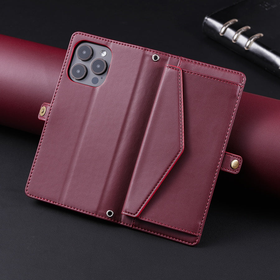 Luxury Dual-Layer Wallet iPhone Case – Flip Leather Cover with Card Slots, Photo Frame, 2 Lanyards, Shockproof Protection, and Stand Feature for iPhone