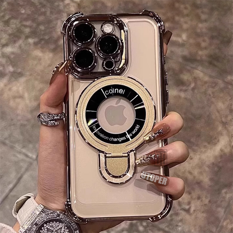 Frameless MagSafe Case with Logo Hole – Transparent Plating Slim Bracket for iPhone Models, Sleek and Durable Design