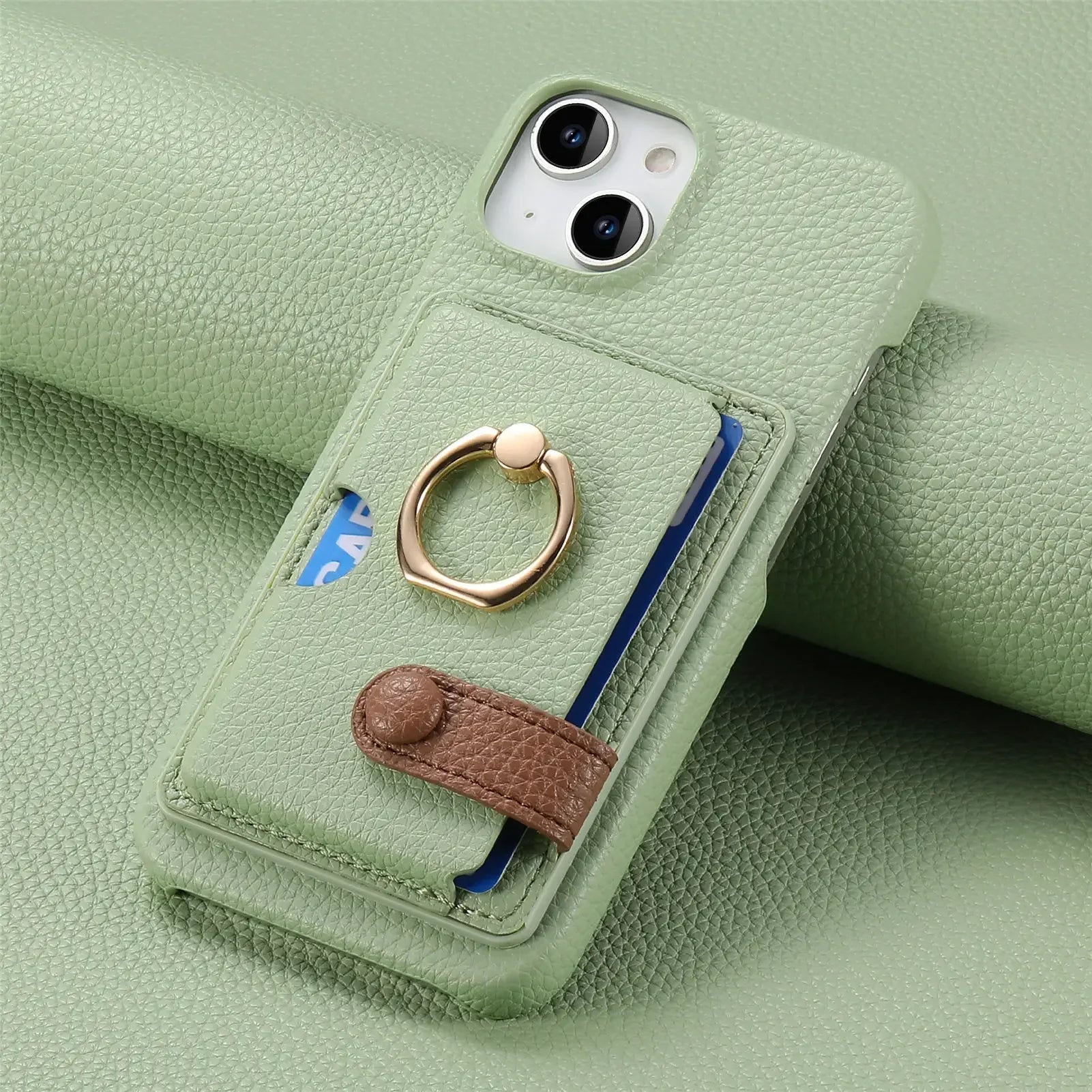 Premium Leather Ring Stand Wallet iPhone Case Card Holder, Magnetic Closure, and Kickstand Support for Hands-Free Convenience