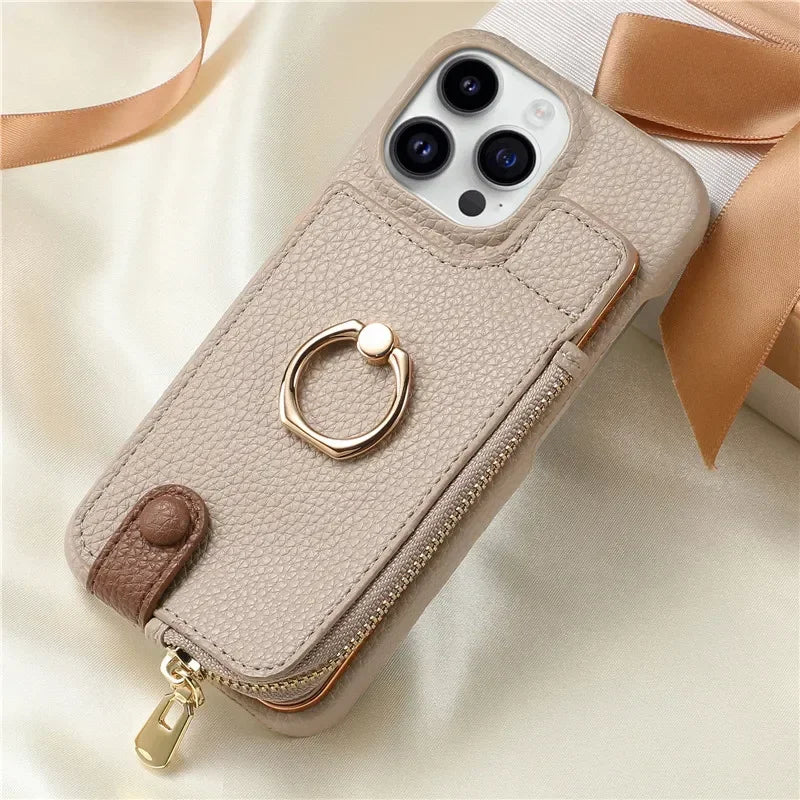 Luxury Leather Zipper Wallet iPhone Case – Card Holder, Ring Kickstand, Shockproof Cover for iPhone Models