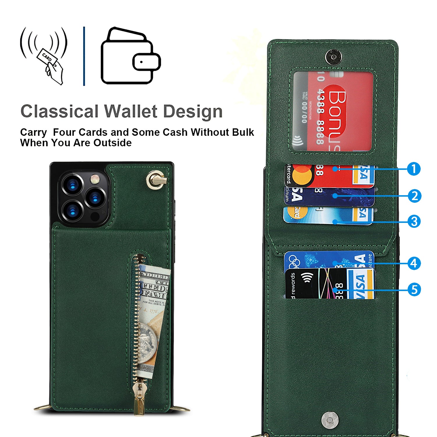 Luxury Zipper Wallet Crossbody Leather iPhone Case Card Holder, Lanyard Strap Magnetic Closure, Stylish Flip Cover for iPhone