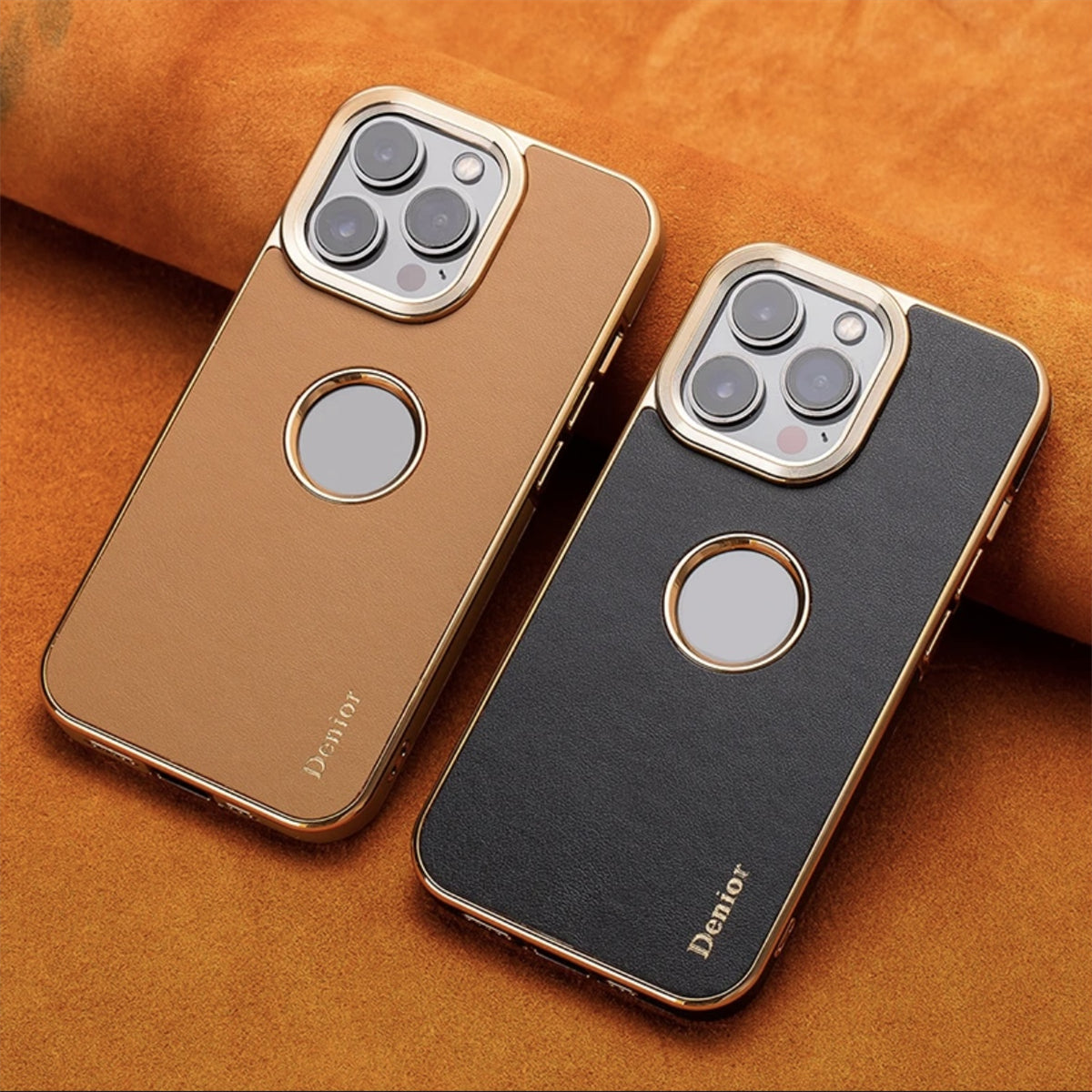 Luxury Business Cowhide Leather iPhone Case – Plating Shockproof Cover for iPhone Models, Sleek and Durable Design