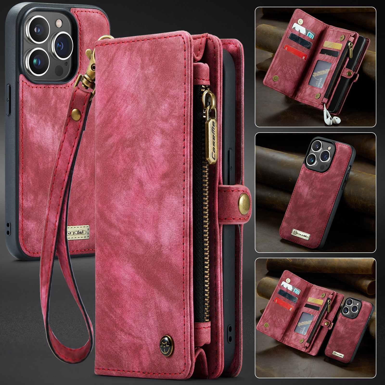 Luxury Detachable Leather Wallet iPhone Case – Multi-Function Zipper Flip Cover, Card Holder, Shockproof Protection, Magnetic Closure for iPhone