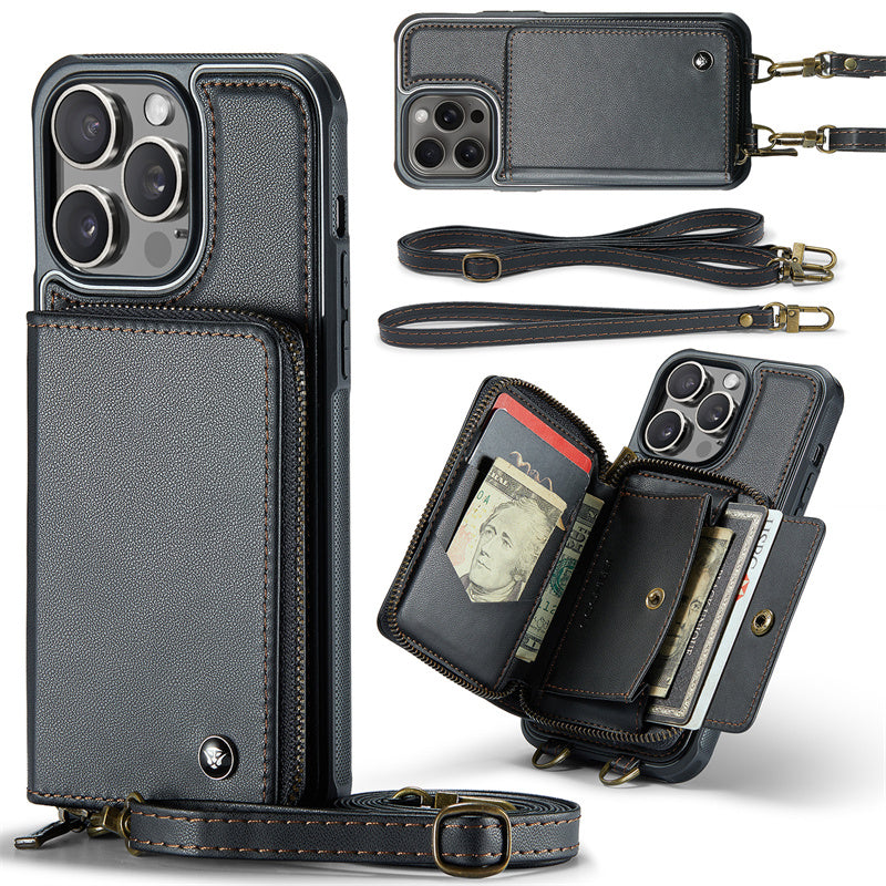 Luxury Leather Wallet Crossbody iPhone Case – Card Slot Holder, Stand Function, Hand Lanyard Strap, Shockproof Protection for iPhone