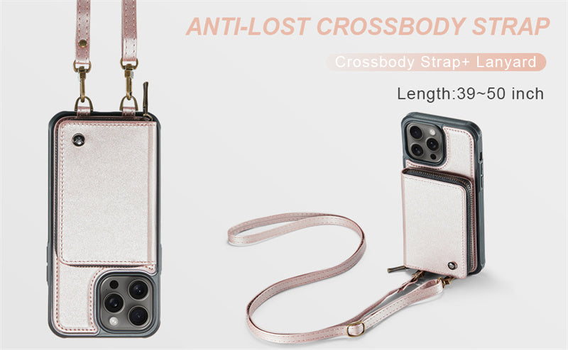 Luxury Leather Wallet Crossbody iPhone Case – Card Slot Holder, Stand Function, Hand Lanyard Strap, Shockproof Protection for iPhone