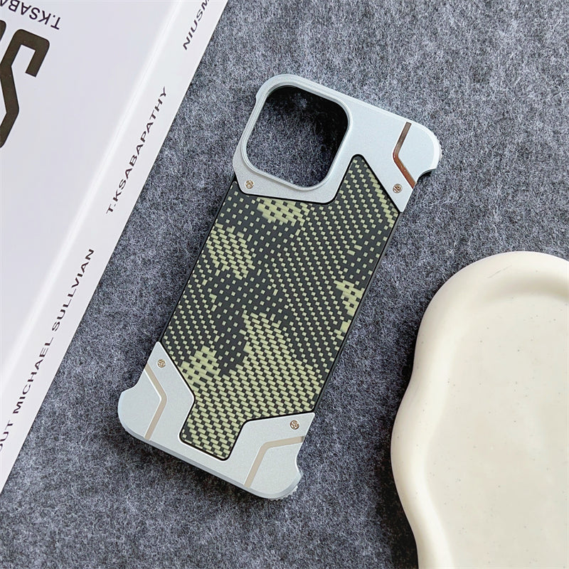 Camouflage Metal Armor Case Frameless Real Carbon Fiber Cover with Built-In Magnet for iPhone Models, Durable and Protection