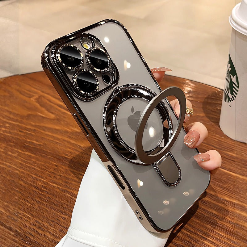 Luxury Plating MagSafe iPhone Case Transparent Acrylic Magnetic Cover with Stand Holder Shockproof PC Bumper Case for iPhone