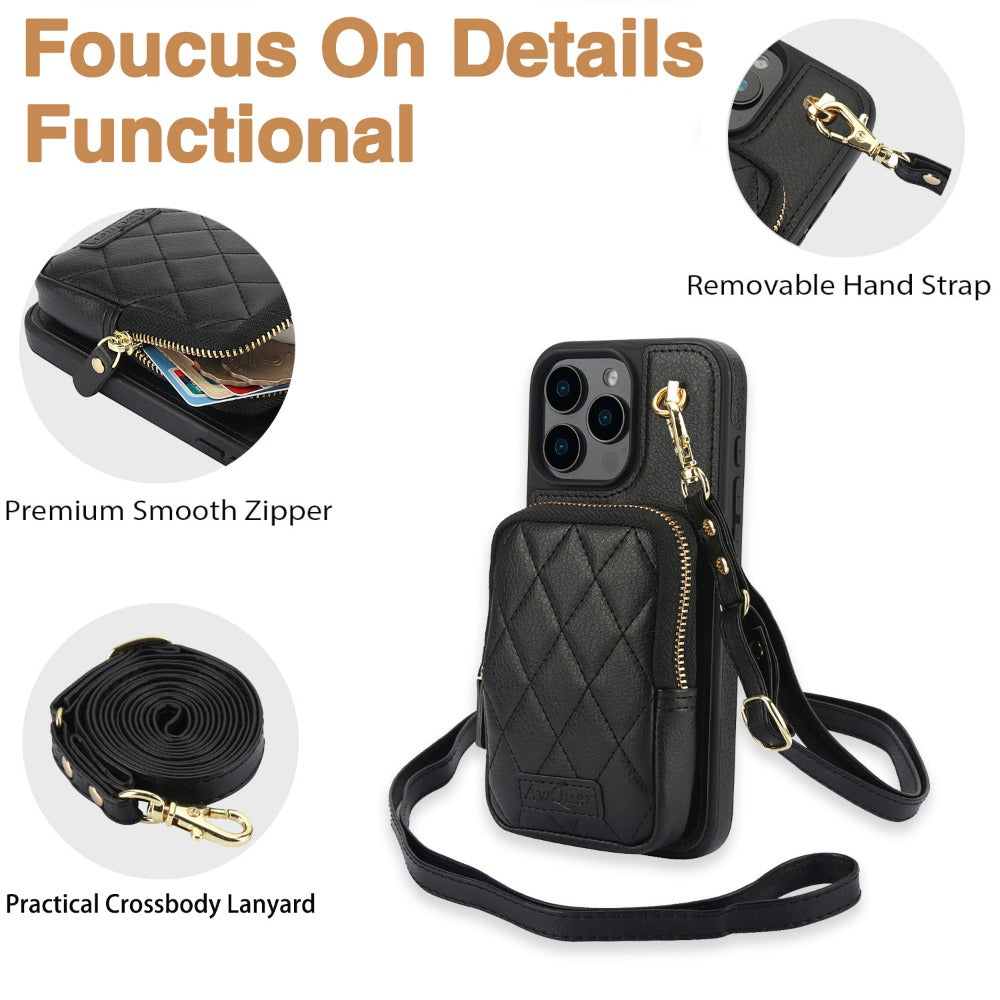 Luxury Crossbody Lanyard iPhone Case – Zipper Wallet Leather Cover with Card Holder, and Full Protection for iPhone Models