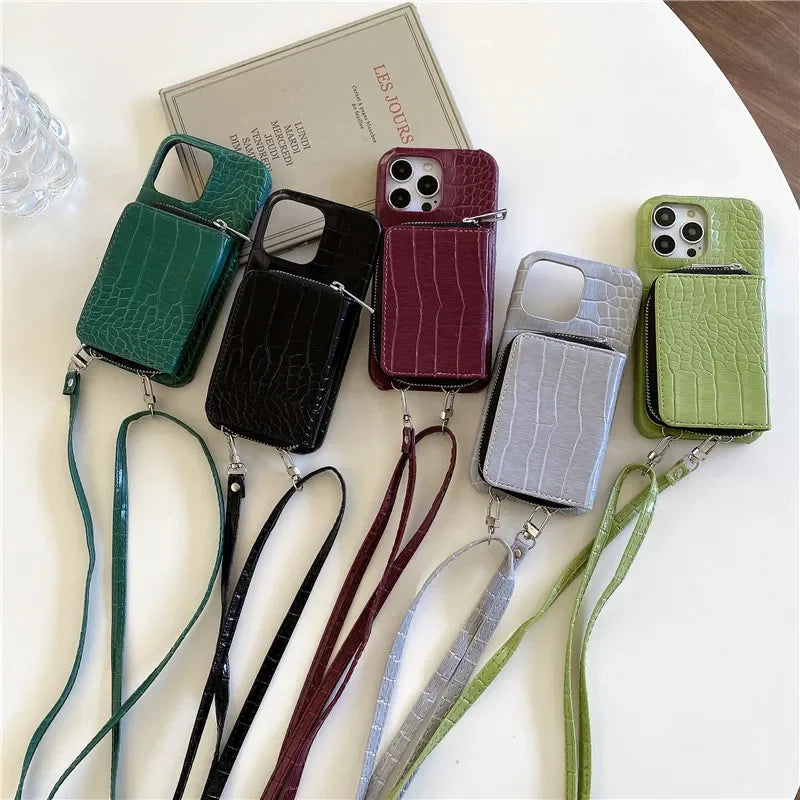 Luxury Crossbody Crocodile Skin iPhone Case – Zipper Wallet, Card Holder, Shockproof Protection, and Elegant Design for Secure & Stylish Convenience