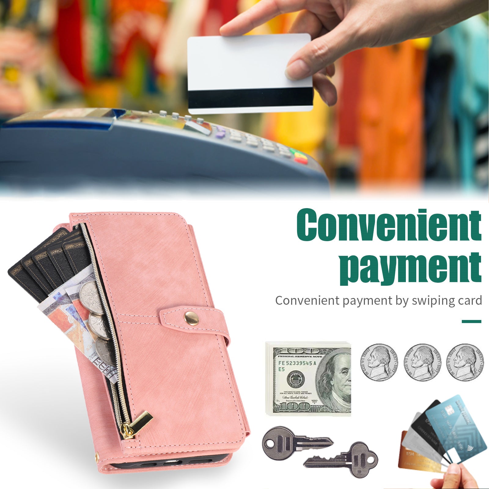 Luxury Crossbody Zipper Wallet iPhone Case – Leather Card Holder, Lanyard Strap, Closure Hands-Free Convenience for iPhone