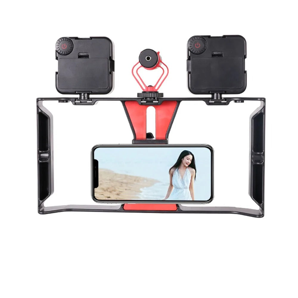Robust Smartphone Video Rig Stabilizer with Dual Handgrips – Universal Handheld Phone Cage for YouTube, Live Streaming, Vlogging, LED & Mic Mount