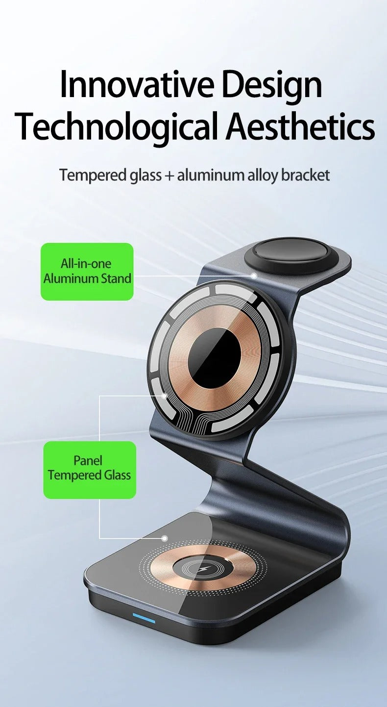 Luxury 3 in 1 Magnetic Wireless Charger Stand – Transparent Fast Charging Dock for iPhone, Apple Watch, AirPods with Aluminum Alloy Design, 15W Output