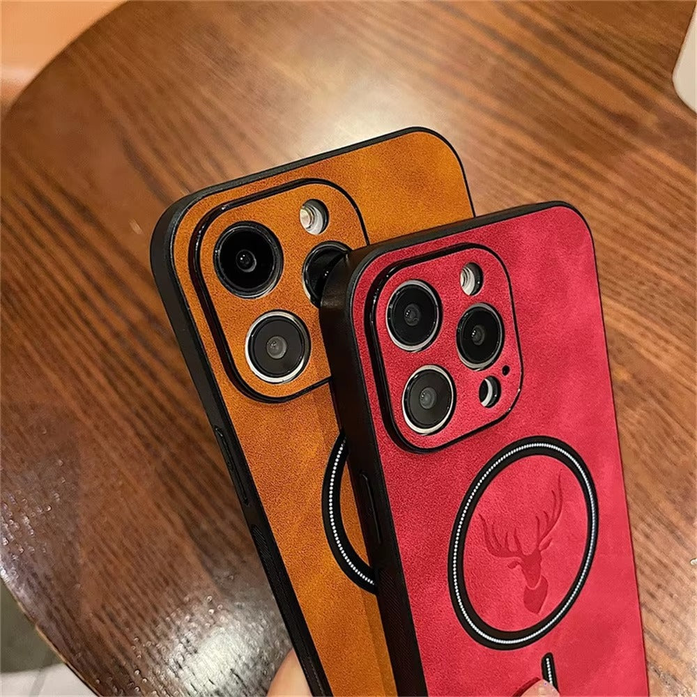 Luxury PU Leather MagSafe iPhone Case – Deer Embossed Design, Stylish & Durable Full Protection Cover | Case for iPhone