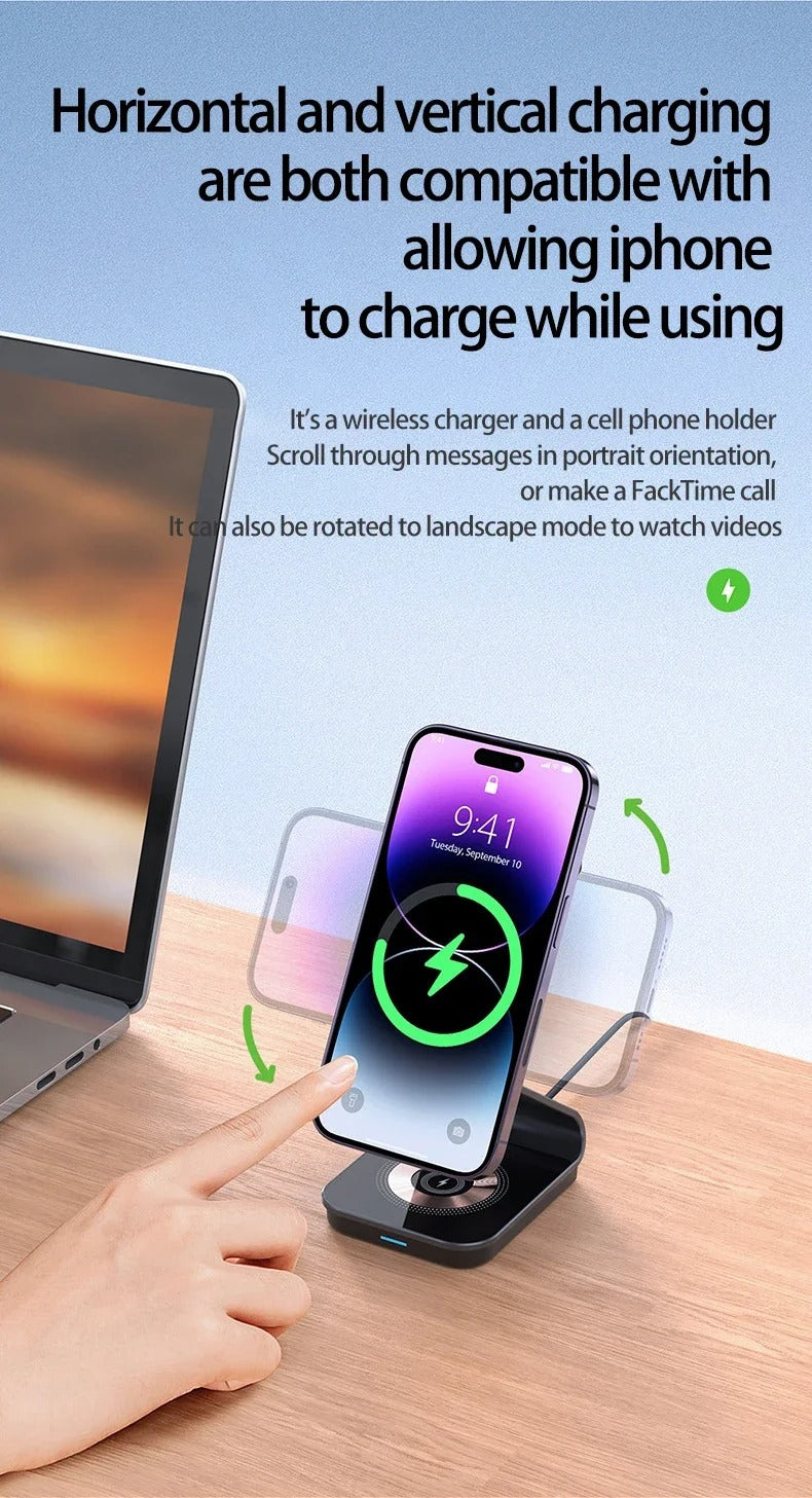 Luxury 3 in 1 Magnetic Wireless Charger Stand – Transparent Fast Charging Dock for iPhone, Apple Watch, AirPods with Aluminum Alloy Design, 15W Output