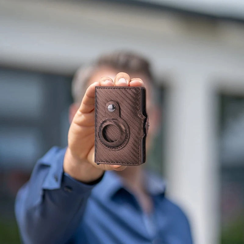 Premium RFID Blocking Credit Card Holder Wallet for Men and Women – Slim Leather Minimalist Metal Wallet Compatible with AirTag, Anti-Theft Smart Wallet