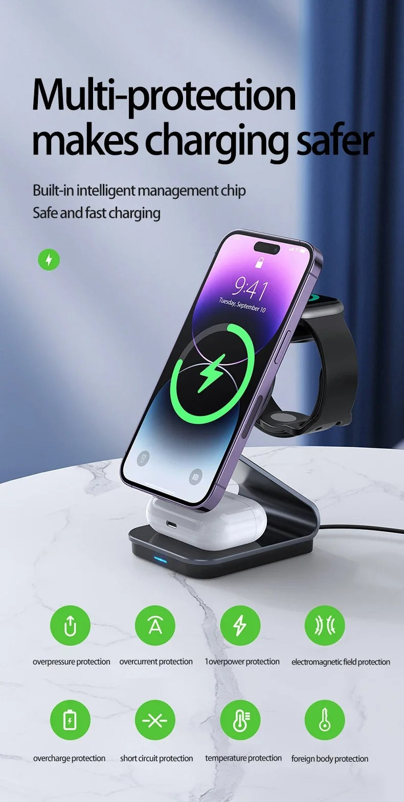 Luxury 3 in 1 Magnetic Wireless Charger Stand – Transparent Fast Charging Dock for iPhone, Apple Watch, AirPods with Aluminum Alloy Design, 15W Output