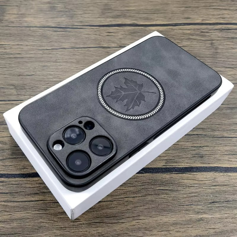 Premium Retro Leather Maple Leaf iPhone Case – MagSafe Charging, Stylish & Durable Full Protection Cover | Case for iPhone