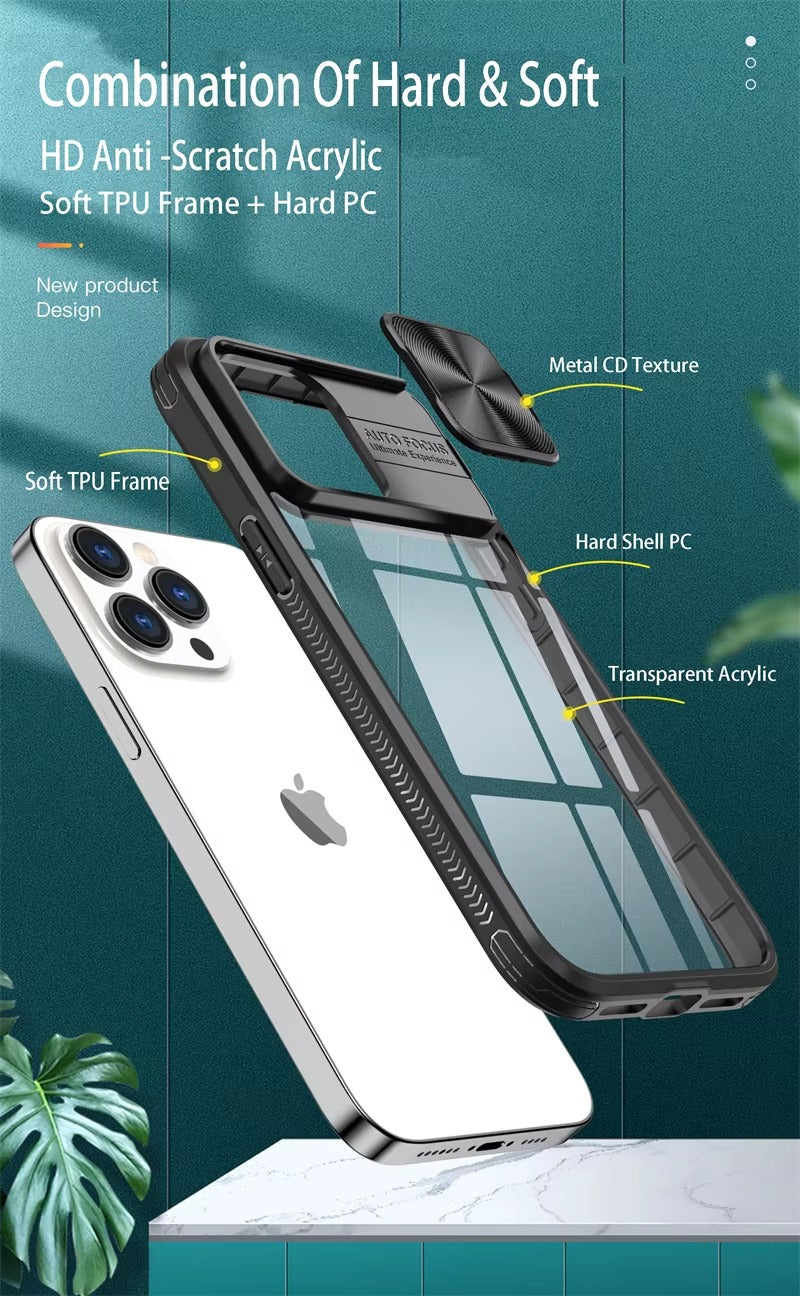 High Quality Apple iPhone Case MagSafe Compatible, Camera Lens & Screen Protection, Cover with Slide Lens & Clear PC Bumper